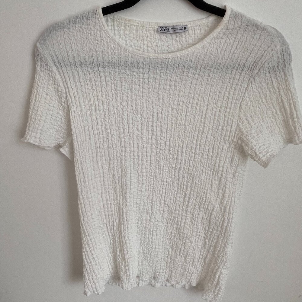 Zara White Textured Short Sleeve Tee (M) White
